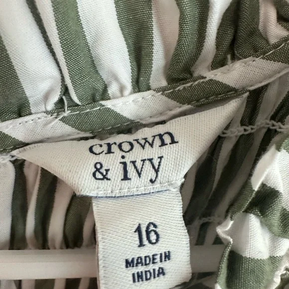 Crown & Ivy 100% cotton dress green white striped pattern Size 16 Elastic Top - Picture 2 of 8